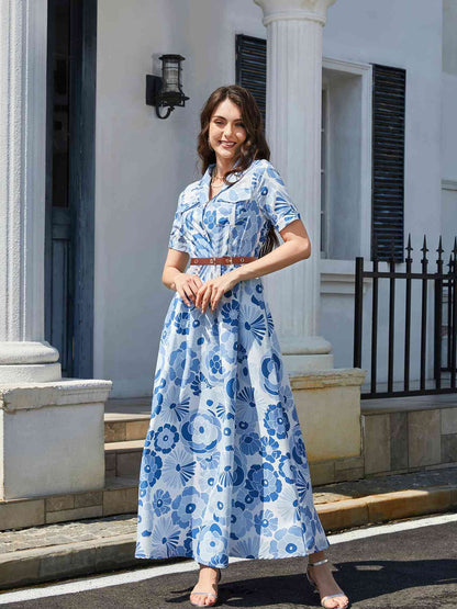 Vestido largo de manga corta con cuello de solapa y estampado floral