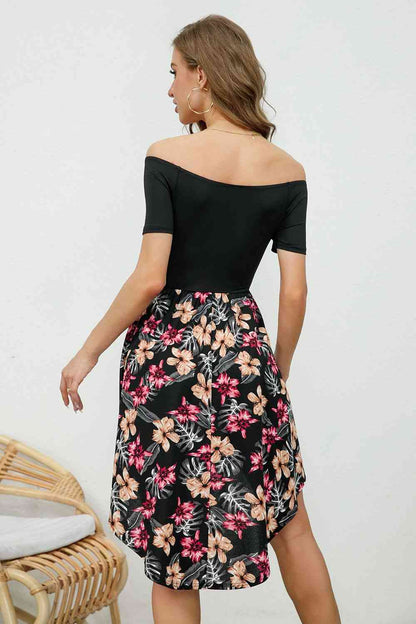 Off Shoulder Floral Print Short Sleeve Dress