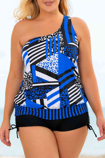 Conjunto de tankini de un solo hombro atado con patchwork de talla grande