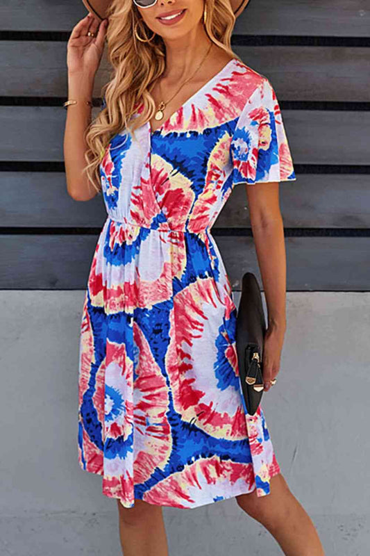 Printed Surplice Neck Knee Length Flutter Sleeve Dress