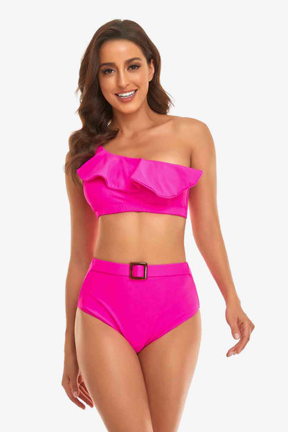 Gerüschtes One-Shoulder-Bikini-Set mit Schnalle