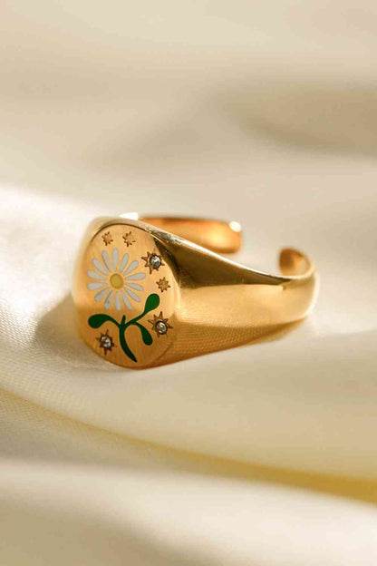 Anillo abierto de acero inoxidable con estampado de flores