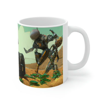 "Harvesting Hope: A Post-Apocalyptic Tale of Robot Farmers" - Der Alien-Keramikbecher 11 oz