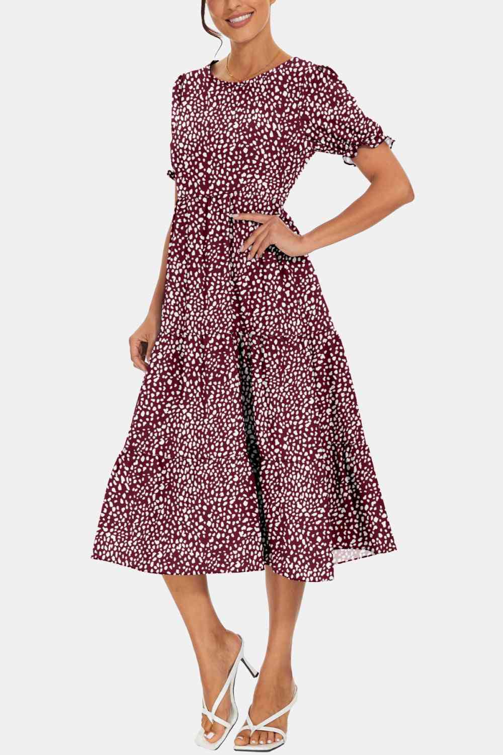 Round Neck Flounce Sleeve Midi Dress