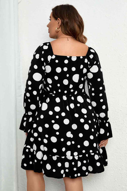 Melo Apparel Plus Size Minikleid mit Polka Dots, herzförmigem Ausschnitt und Volantärmeln