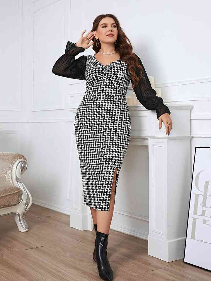 Plus Size Houndstooth Flounce Sleeve Slit Dress