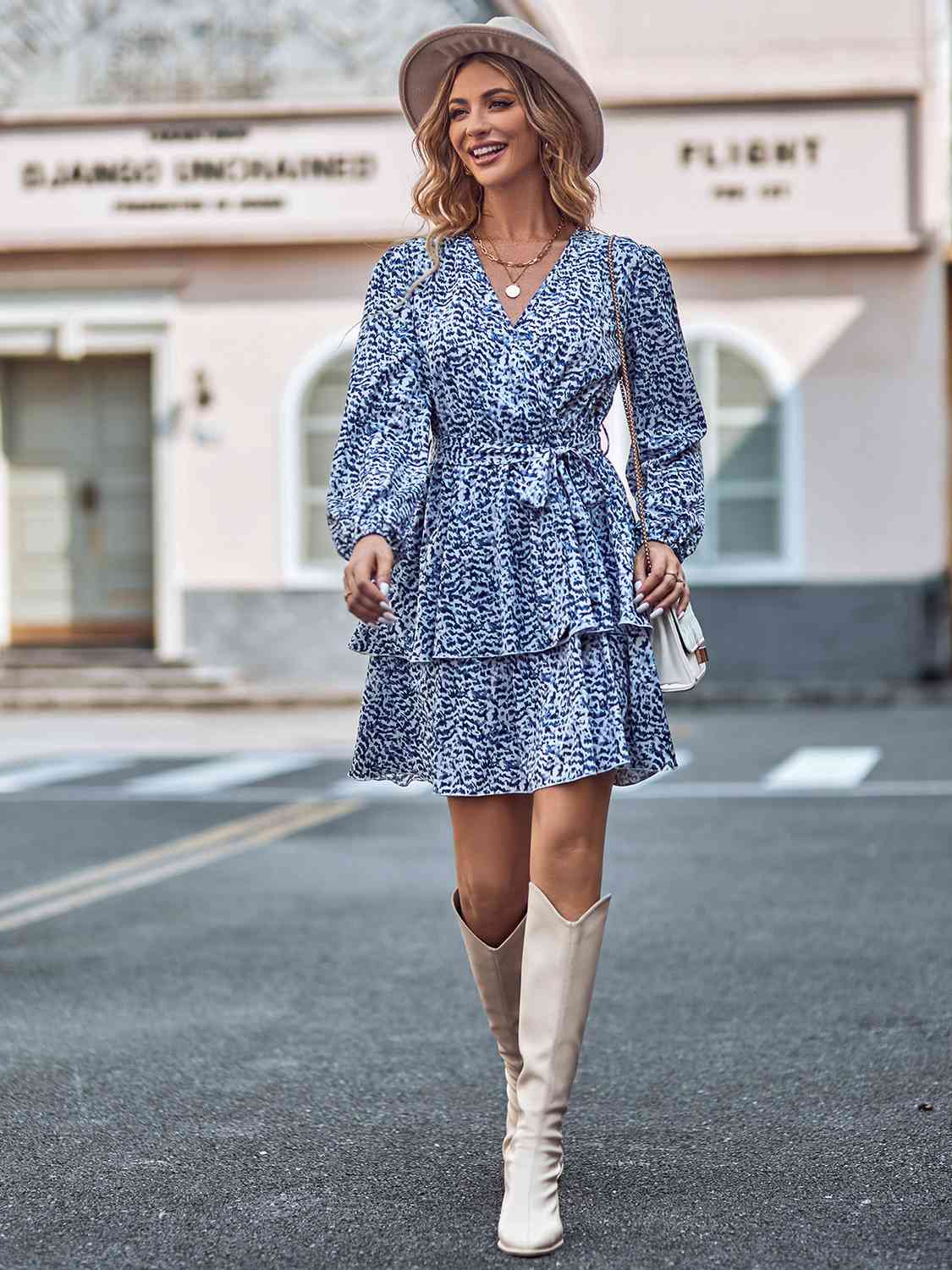 Long Sleeve Tie Waist Layered Dress