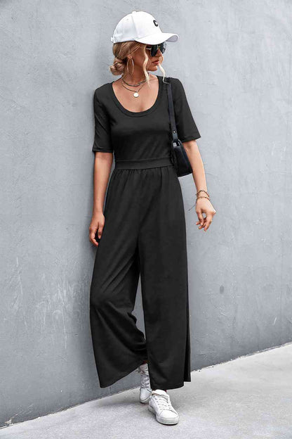 Scoop Neck Half Sleeve Wide Leg Jumpsuit