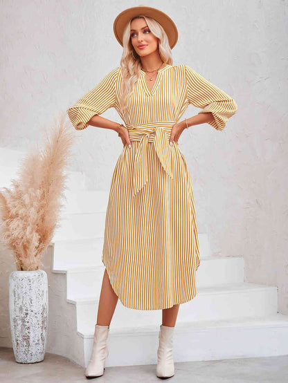 Striped Notched Neck Curved Hem Long Sleeve Dress