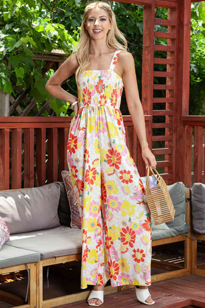 Floral Square Neck Smocked Wide Leg Jumpsuit