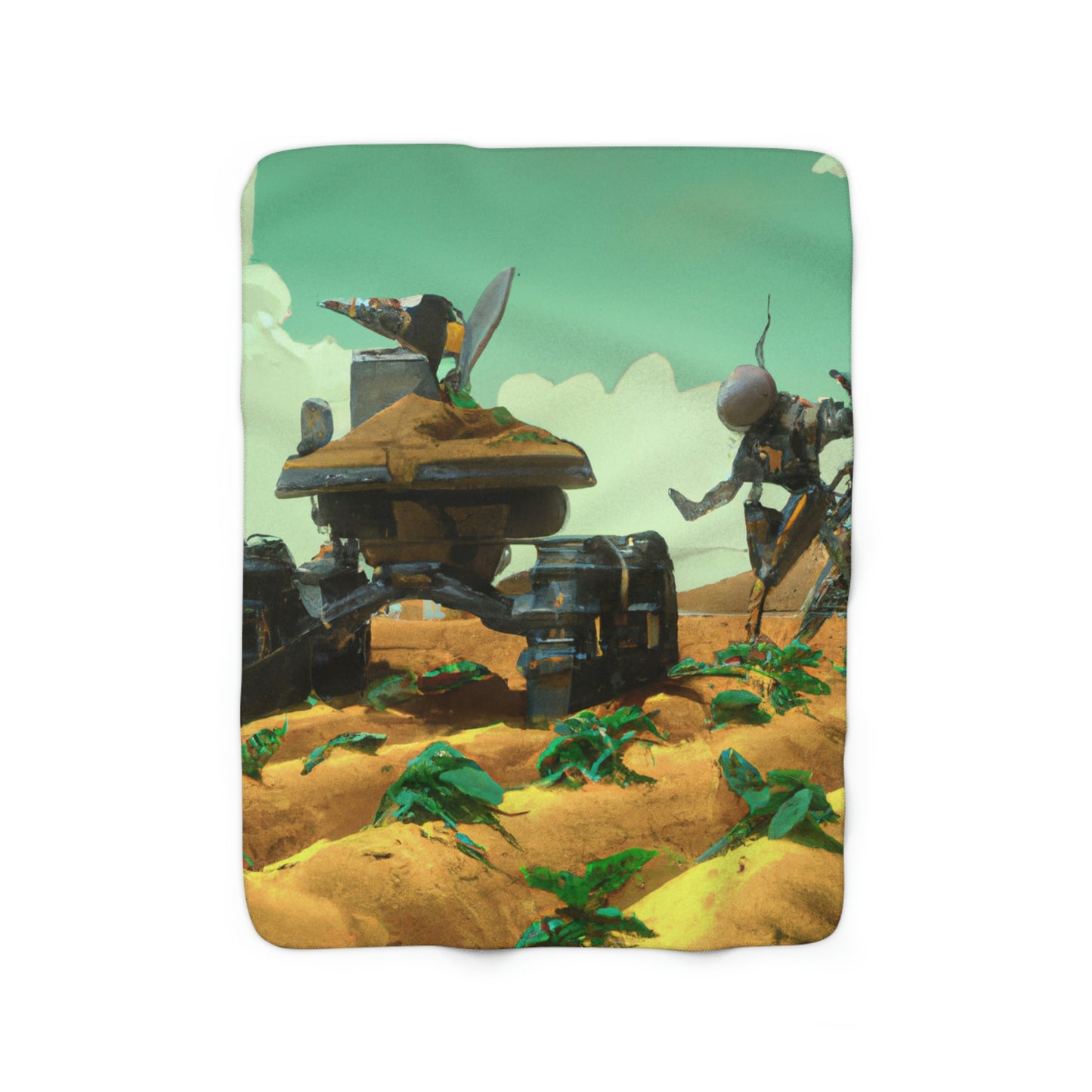 "Harvesting Hope: A Post-Apocalyptic Tale of Robot Farmers" - The Alien Sherpa Fleece Blanket