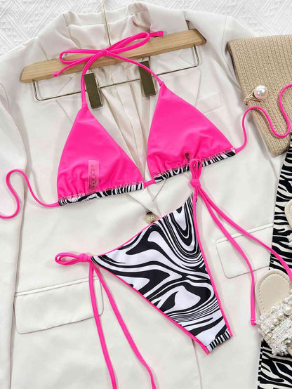 Neckholder-Bikini-Set mit seitlichem Bindeband und Zebramuster