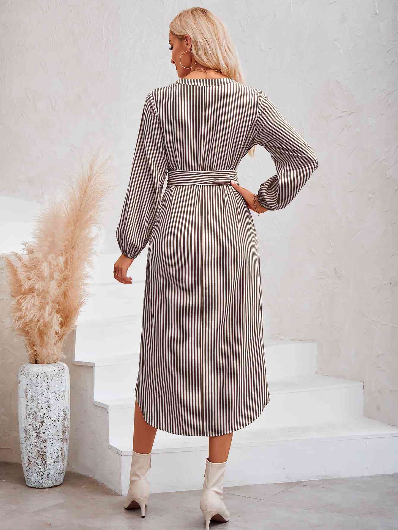 Striped Notched Neck Curved Hem Long Sleeve Dress