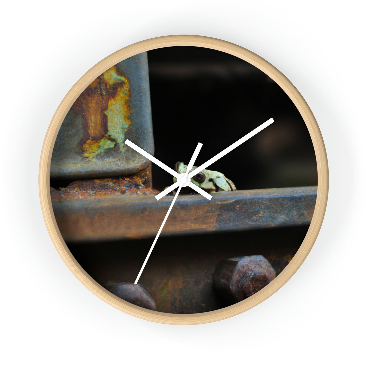 "A Tad Too Far: The Tale of a Train-Stuck Frog." - The Alien Wall Clock