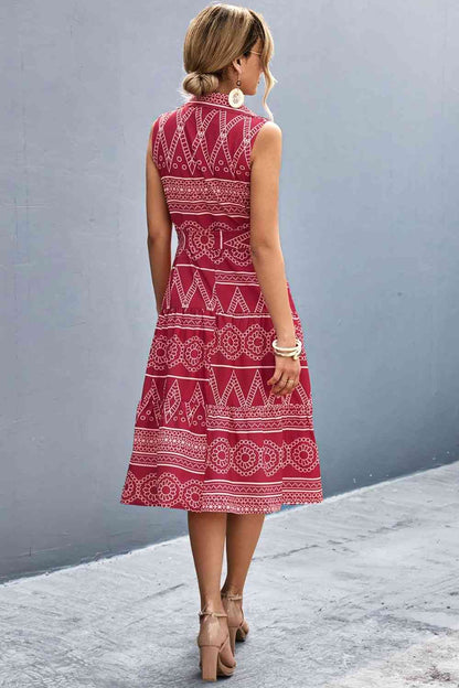 Printed Button Front Tie-Waist Sleeveless Collared Dress