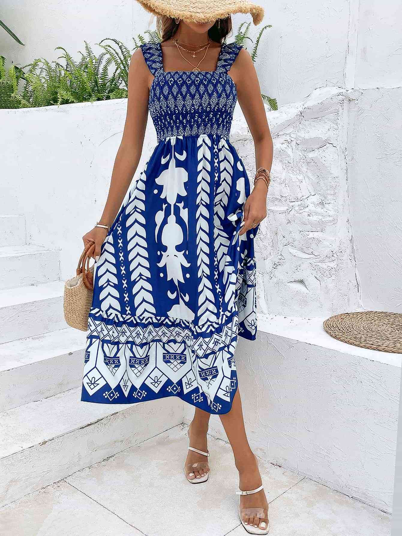 Printed Square Neck Sleeveless Midi Dress