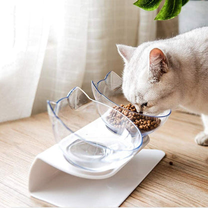 Cuenco doble antideslizante para gatos con soporte elevado, comida para mascotas, alimentador para gatos, protege las vértebras cervicales, cuenco para perros, productos transparentes para mascotas