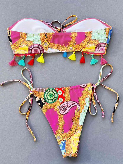 Conjunto de bikini sin tirantes atado estampado