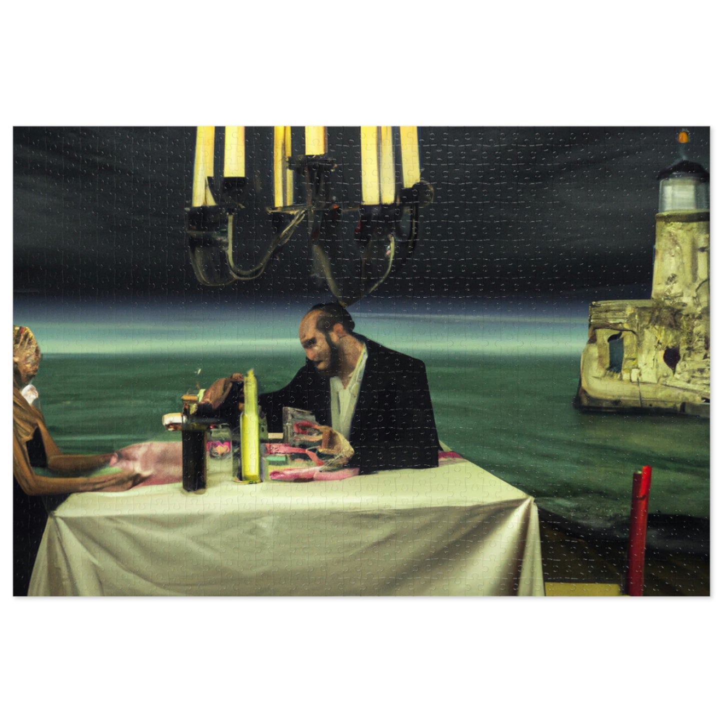 "Ein Leuchtfeuer der Romantik: Ein intimes Abendessen bei Kerzenschein in einem vergessenen Leuchtturm" - Das Alien-Puzzle