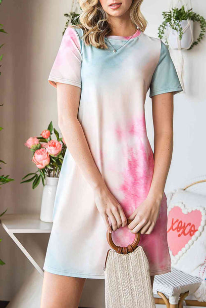 Tie-Dye Round Neck Short Sleeve Slit Dress