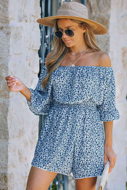 Printed Flounce Sleeve Off-Shoulder Romper