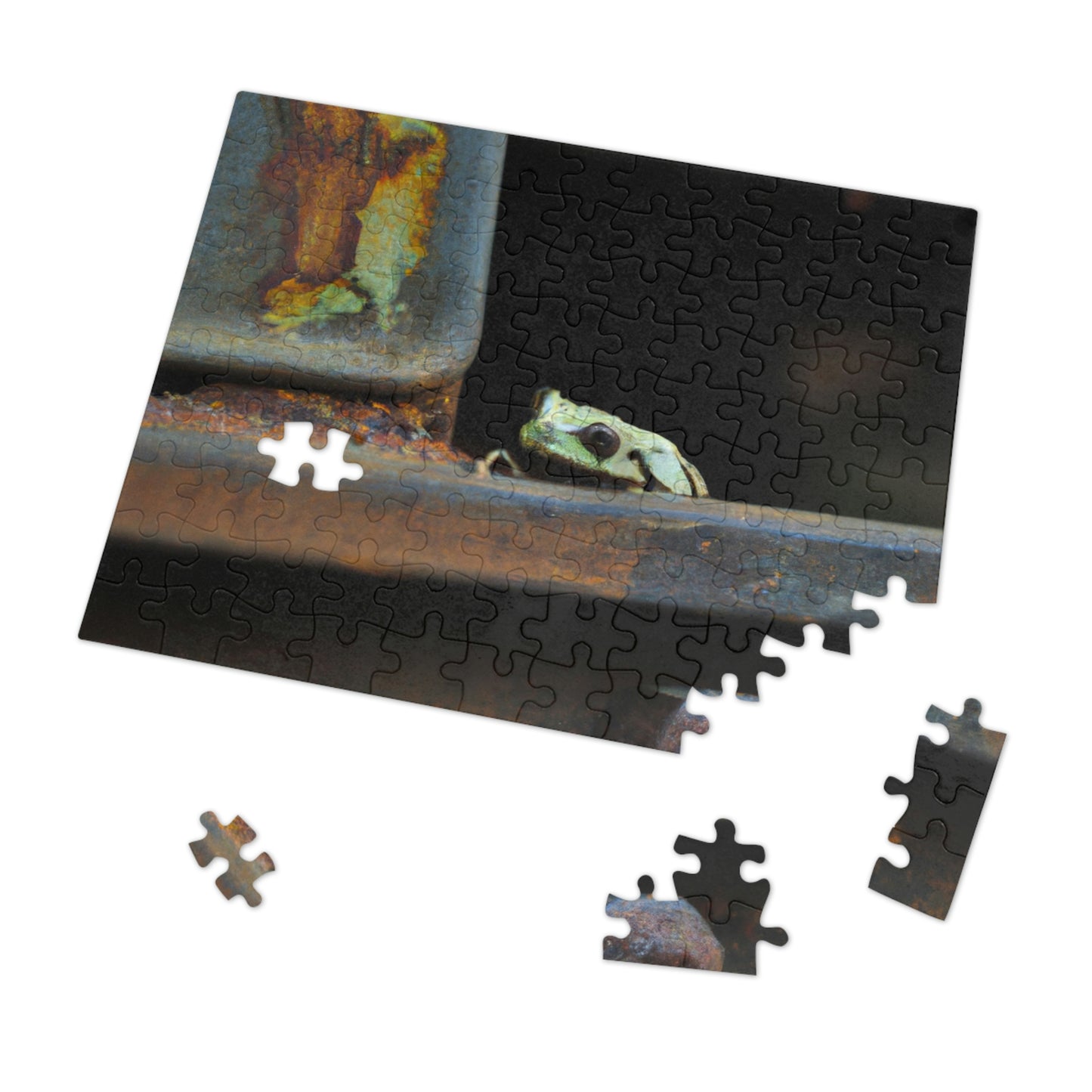 "A Tad Too Far: The Tale of a Train-Stuck Frog." - The Alien Jigsaw Puzzle