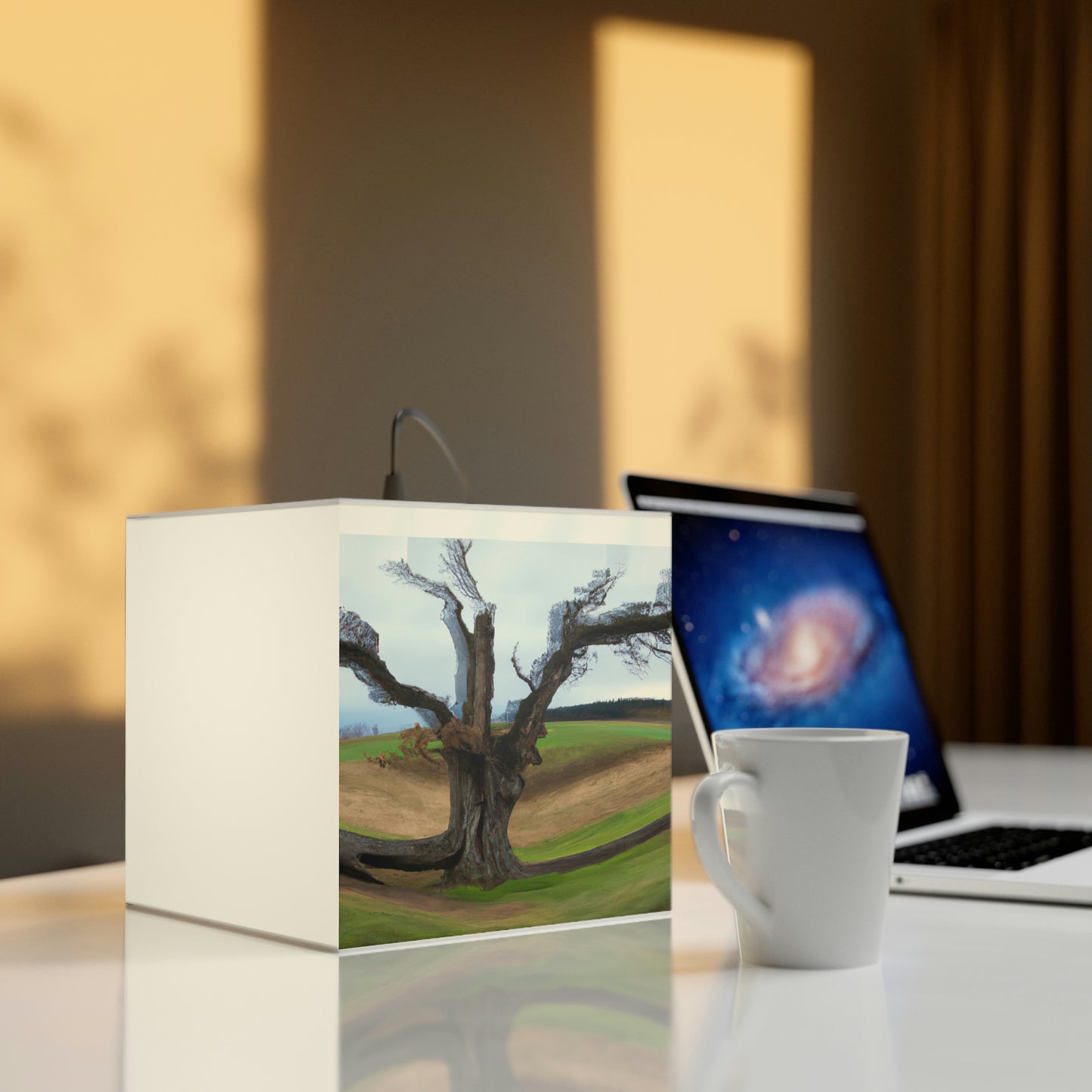 „Ein Schatten auf der Wiese: Der letzte stehende Baum“ – Die Alien Light Cube Lampe