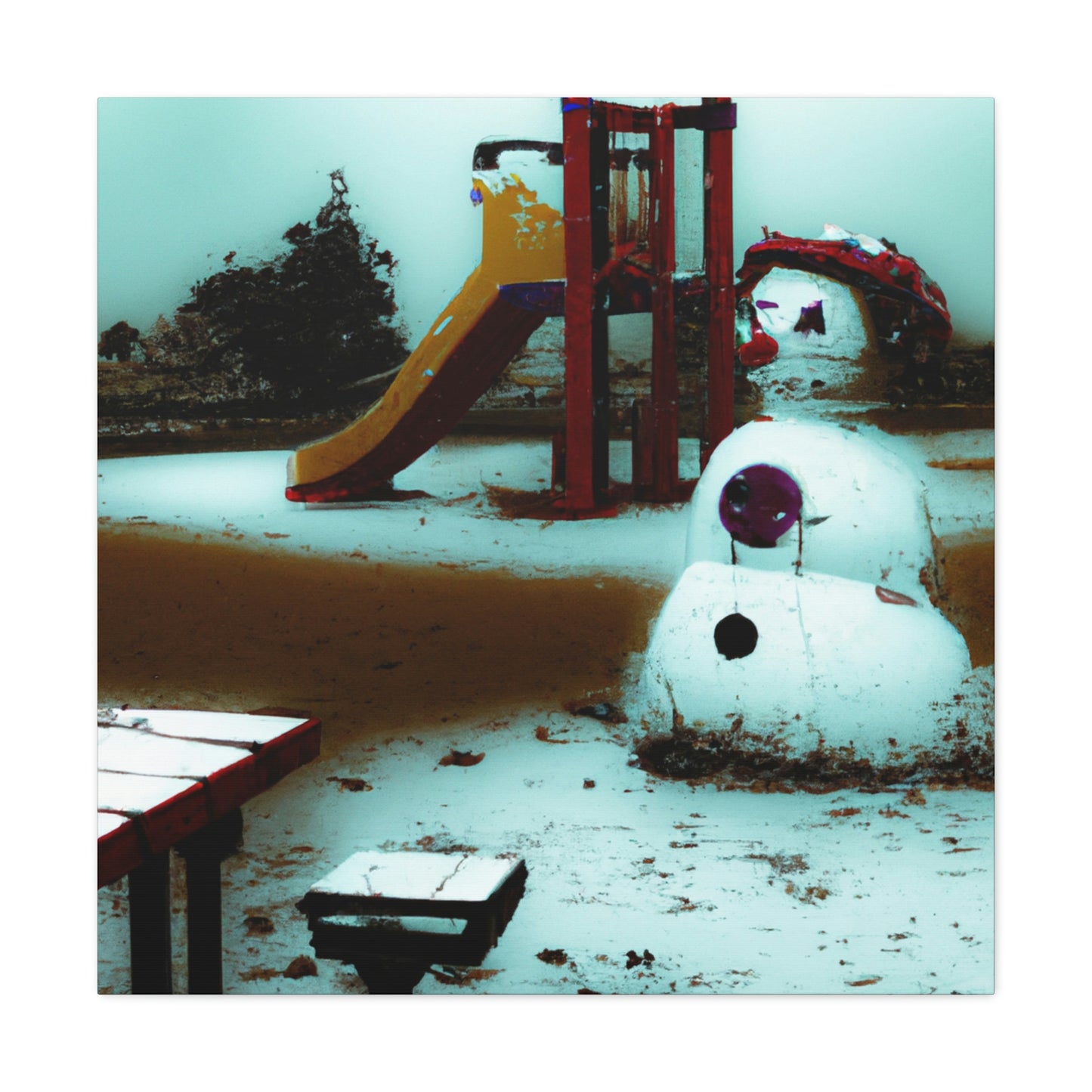 "Melancholischer Schneemann auf einem stillen Spielplatz" - The Alien Canva