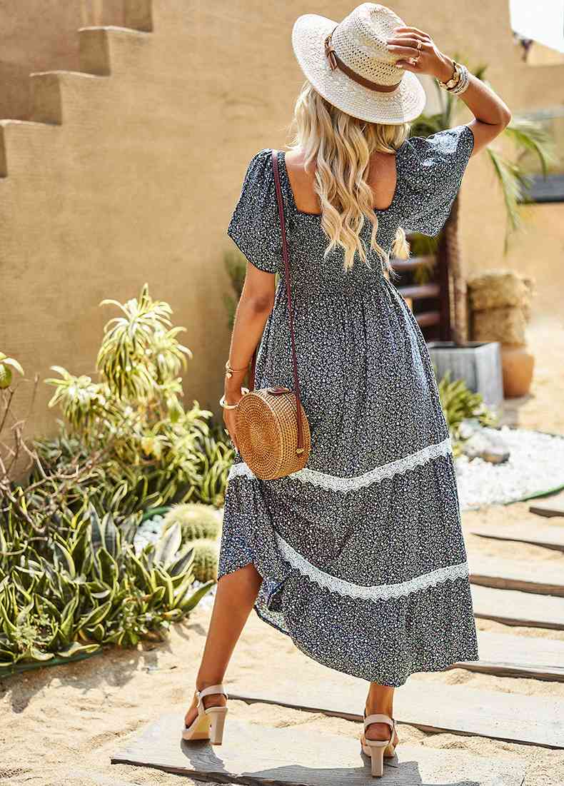 Printed Square Neck Lace Trim Dress