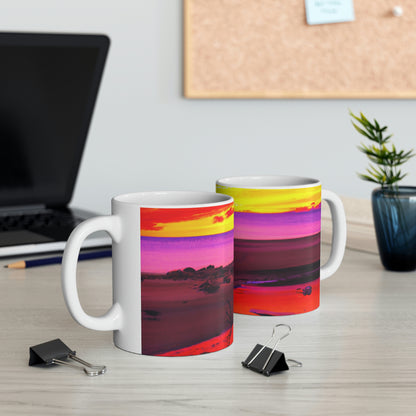 "Forgotten Solace: The Splendor of a Vibrant Sunset at a Abandoned Beach" - The Alien Ceramic Mug 11 oz