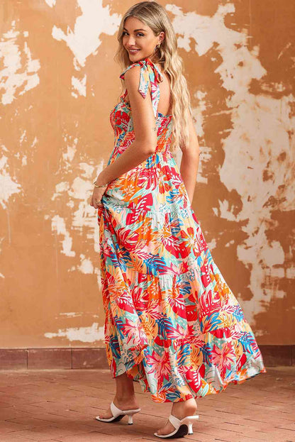 Printed Tie Shoulder Smocked Tiered Maxi Dress