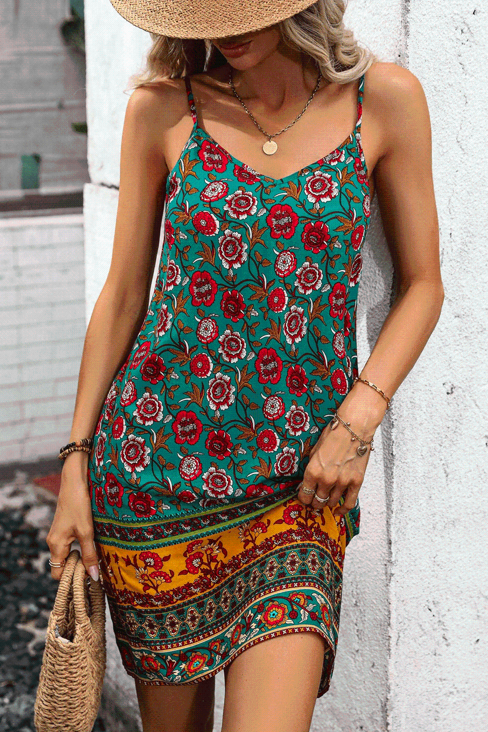 Printed Spaghetti Strap V-Neck Dress