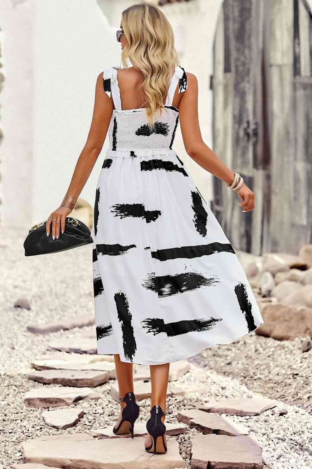 Printed Smocked Tie Shoulder Dress