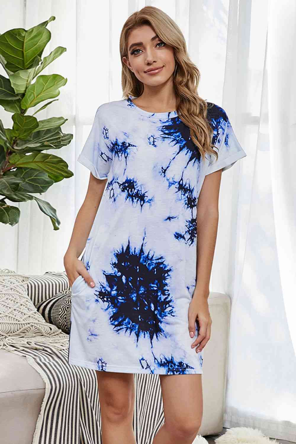 Tie-Dye Round Neck Tee Dress with Pockets