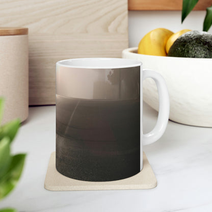 "Un amanecer reluciente en una ciudad brumosa". - La Taza de Cerámica Alienígena 11 oz