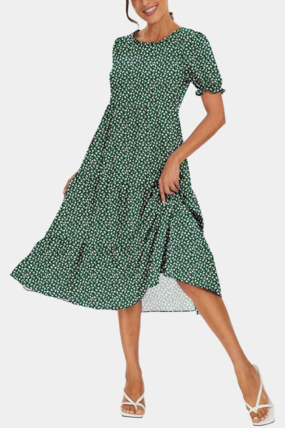 Round Neck Flounce Sleeve Midi Dress