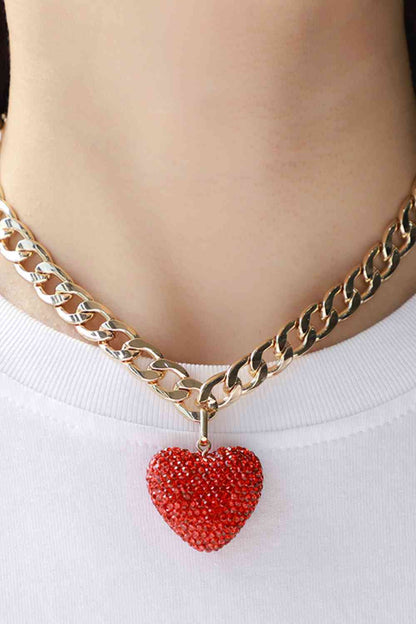 Rhinestone Heart Pendant Curb Chain Necklace