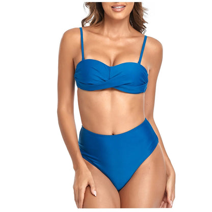 Bikini Sexy de cintura alta con cuello Halter y sujetador acolchado para mujer, Traje de baño separado de Color sólido, traje de baño para mujer