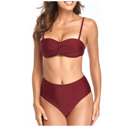 Bikini Sexy de cintura alta con cuello Halter y sujetador acolchado para mujer, Traje de baño separado de Color sólido, traje de baño para mujer