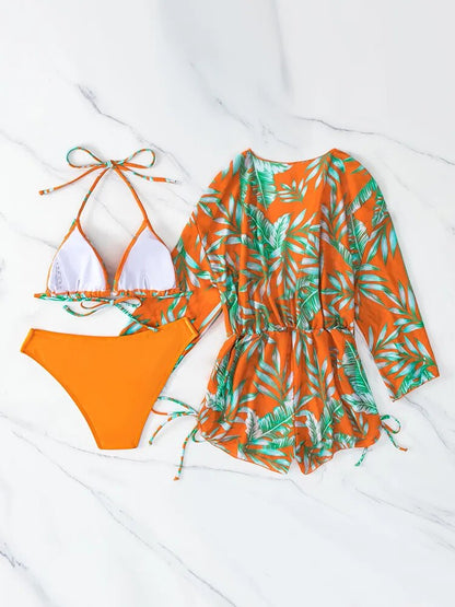 Conjunto de Bikini Sexy de 3 piezas para mujer, traje de baño de manga larga con estampado Tropical, traje de baño con cuello Halter, ropa de playa 2023