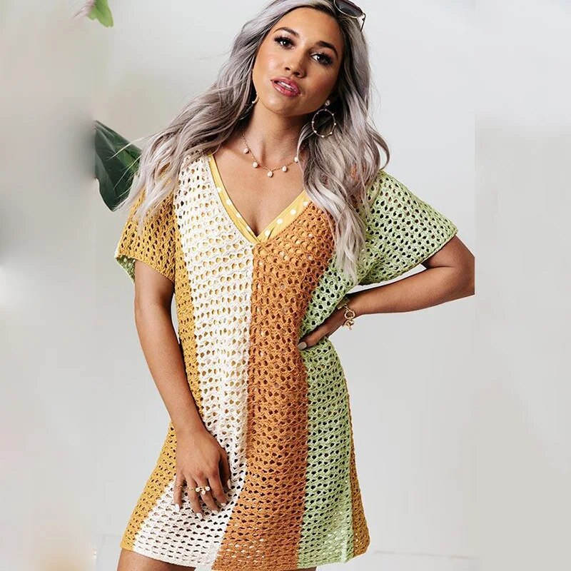 TEELYNN Häkeln Aushöhlen Frauen Cover Up Boho Pullover Kurzarm Gestrickte Bikini Strand Tragen Sommer Mini Kleid Tiefem V-ausschnitt 2022