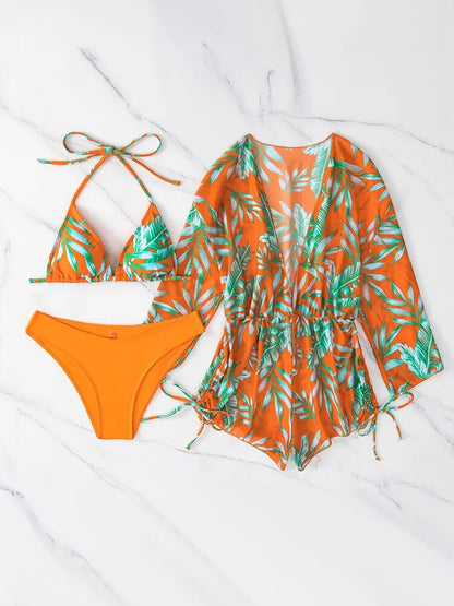 2023 New Sexy 3 Piece Bikini Set Swimsuit Women Long Sleeve Cover Up Tropical Print Halter Swimwear Beach Wear Bathing Suit