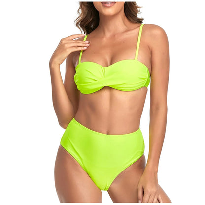 Bikini Sexy de cintura alta con cuello Halter y sujetador acolchado para mujer, Traje de baño separado de Color sólido, traje de baño para mujer