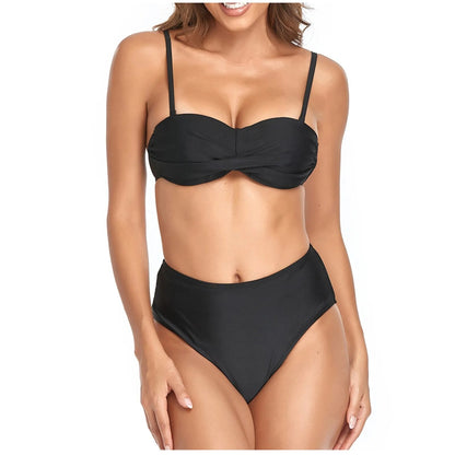 Bikini Sexy de cintura alta con cuello Halter y sujetador acolchado para mujer, Traje de baño separado de Color sólido, traje de baño para mujer