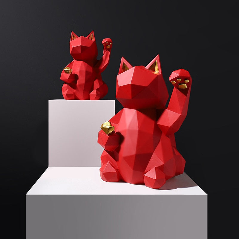 Figuras geométricas de gato de la suerte, modernas y minimalistas, esculturas y estatuas alienígenas