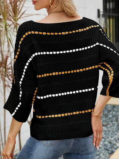 Women's Loose Sweater Spring and Summer Striped Seven-point Sleeve Hollowed Out Knitted Sweater One-line Neck Beach Wear Smock