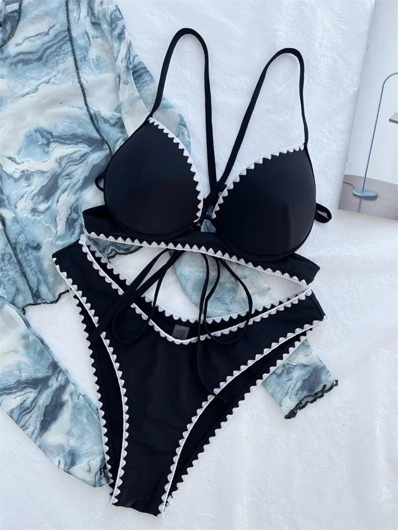 Para Praia Black Halter Bikini 2023 Sexy Push Up Bandage Swimwear Women Brazilian Swimsuit Thong Biquini Bathing Suit