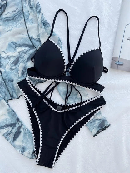 Para Praia-Bikini negro con cuello Halter para mujer, traje de baño Sexy de estilo vendaje con realce, traje de baño brasileño con Tanga, 2023