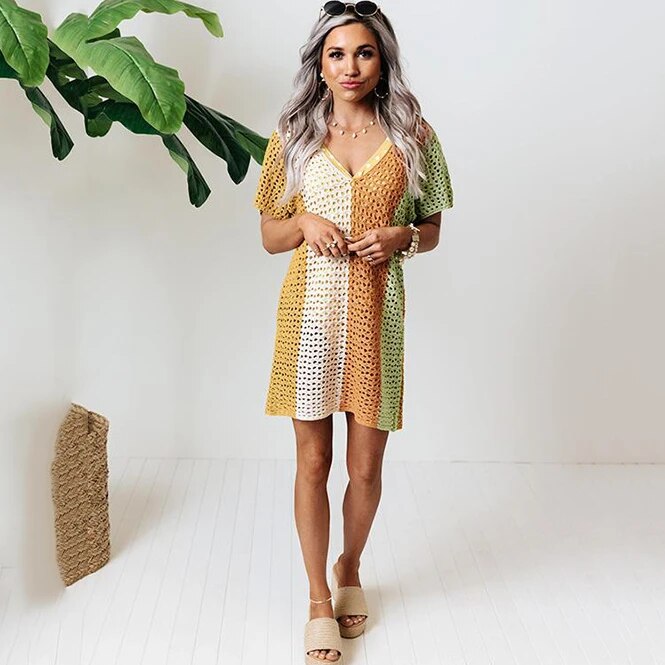 TEELYNN Crochet Hollow Out Women Cover Up Boho Sweater Short Sleeve Knitted Bikini Beach Wear Summer Mini Dress Deep V-neck 2022