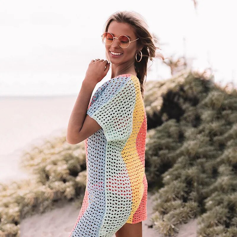 TEELYNN-Vestido corto de ganchillo con agujeros para mujer, suéter bohemio, Bikini tejido de manga corta, ropa de playa, minivestido de verano con cuello en V profundo 2022